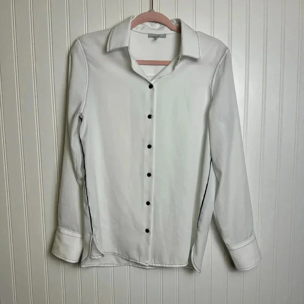 Hinson Wu white button front blouse contrast thread semi-sheer long sleeve H26